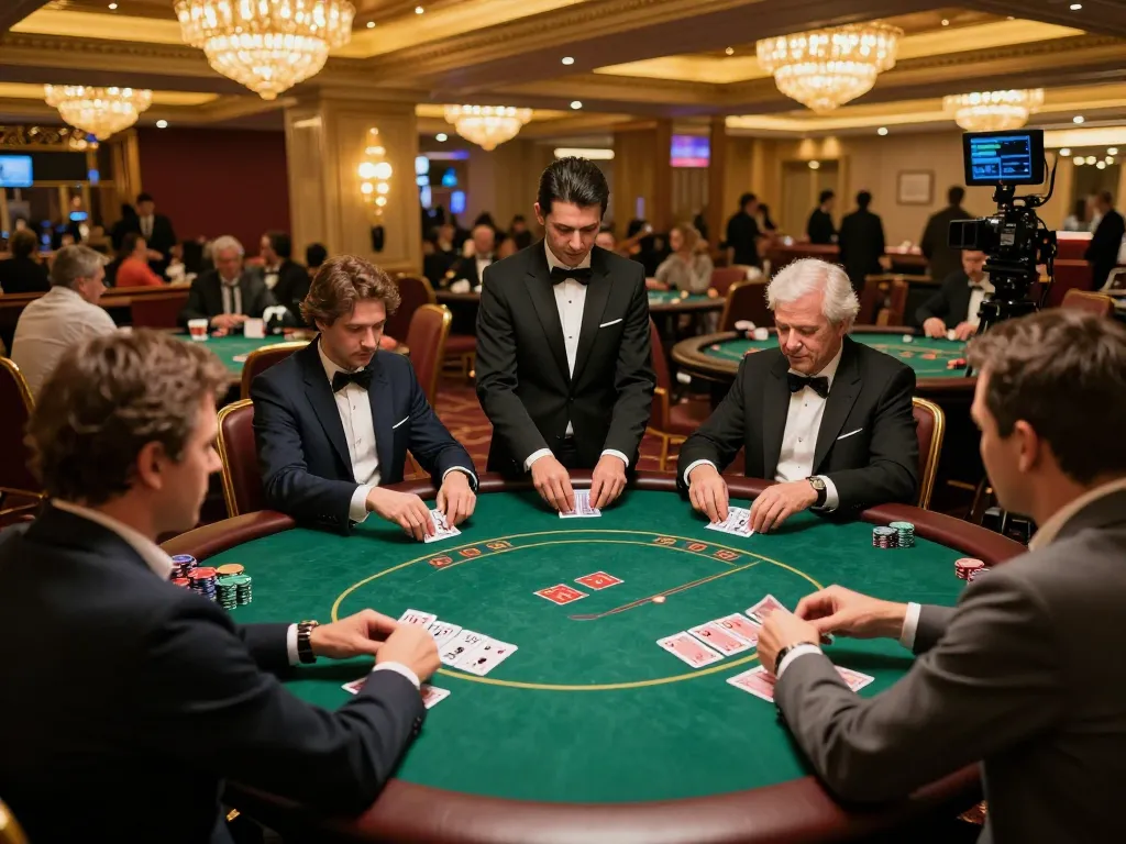 79king players strategizing bets during a high-stakes poker game in a luxurious casino setting.