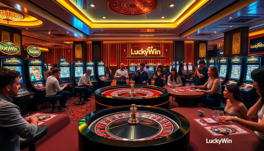 Players enjoying diverse games at LuckyWin casino, highlighted by vibrant slot machines and roulette tables.