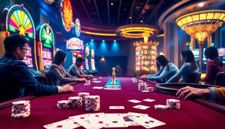 Engaging players at mm66 poker table with vibrant chips and luxurious casino ambiance.