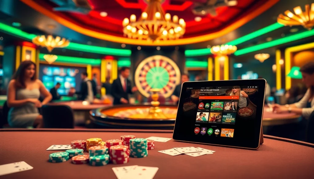 Immerse in the luxury of gambling at https://rr88.pizza/ with an exciting casino scene showcasing vibrant poker chips and a spinning roulette wheel.