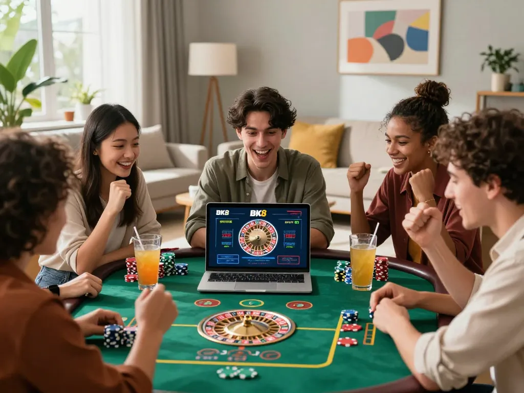 Friends enjoying a game on the BK8 platform in a lively home setting.