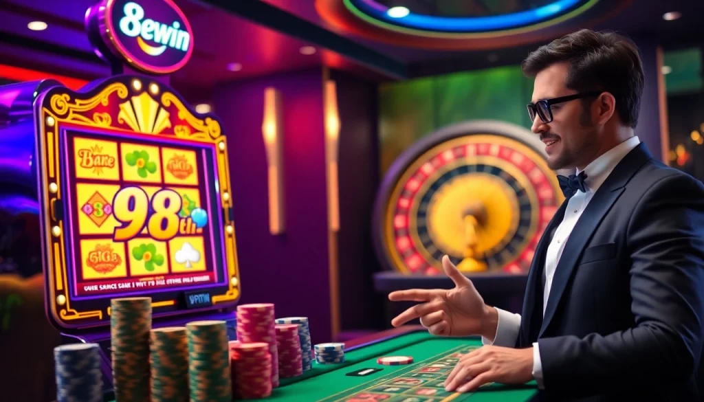 Excited player winning at 98win's luxurious casino slots, showcasing vibrant poker chips.
