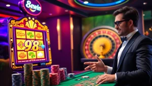 Excited player winning at 98win's luxurious casino slots, showcasing vibrant poker chips.