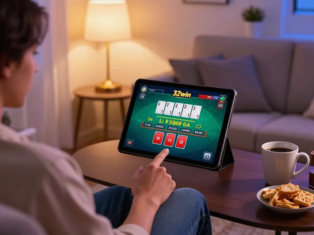 Engaged gamer at 32win enjoying live dealer blackjack in a cozy home setting