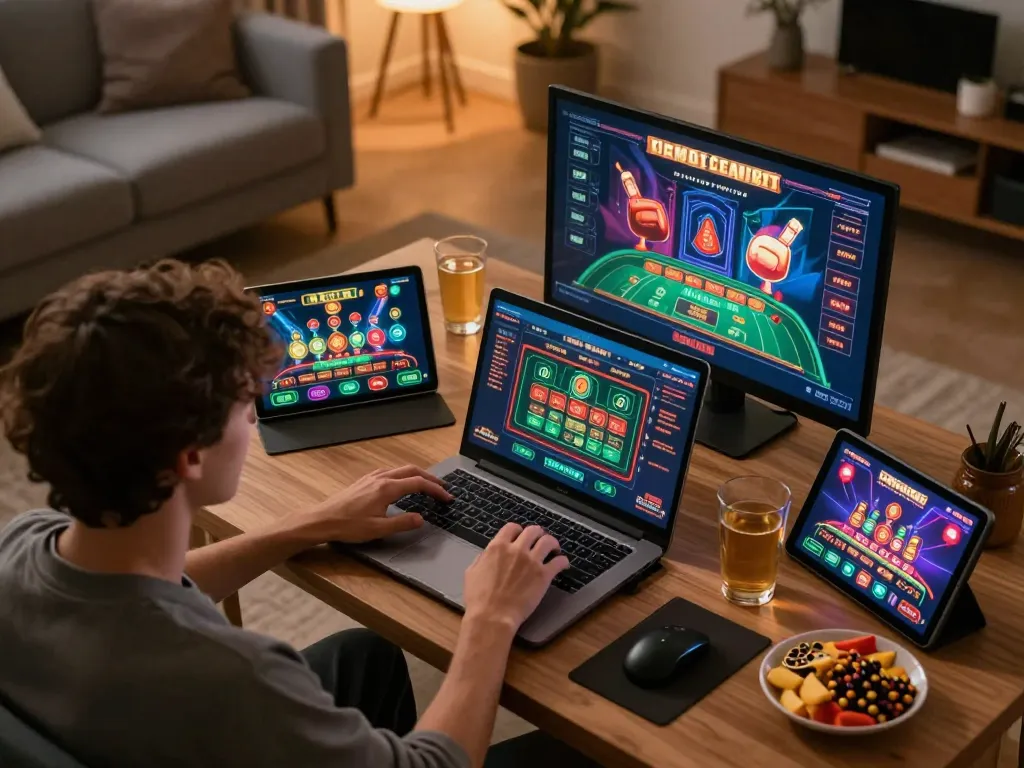 Engaging in online games at https://vmax88vip.com/ with multiple devices showing exciting casino gameplay.