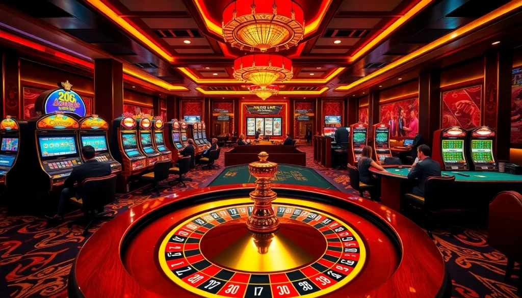 Engaging players and vibrant games reflect excitement at https://xx88.moe/ in a luxurious casino setting.