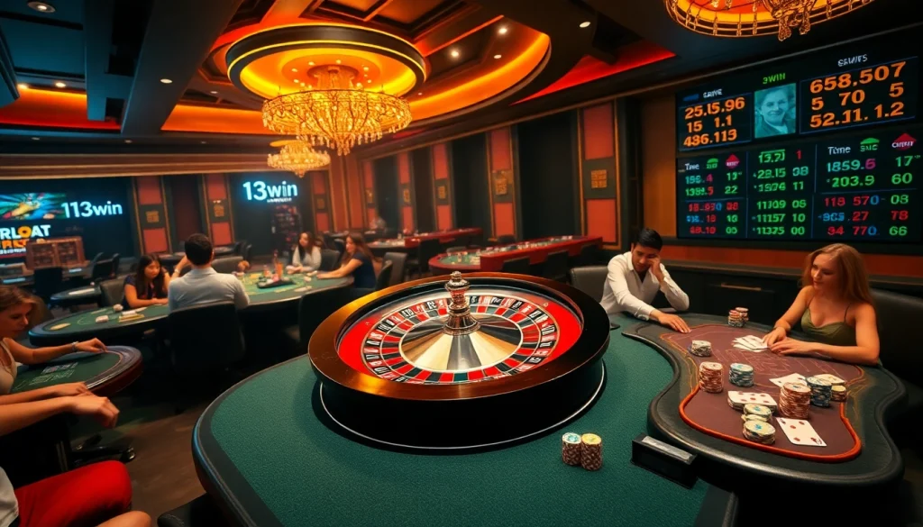 Experience thrilling gameplay at 13win with poker chips and roulette wheels in a luxurious casino.