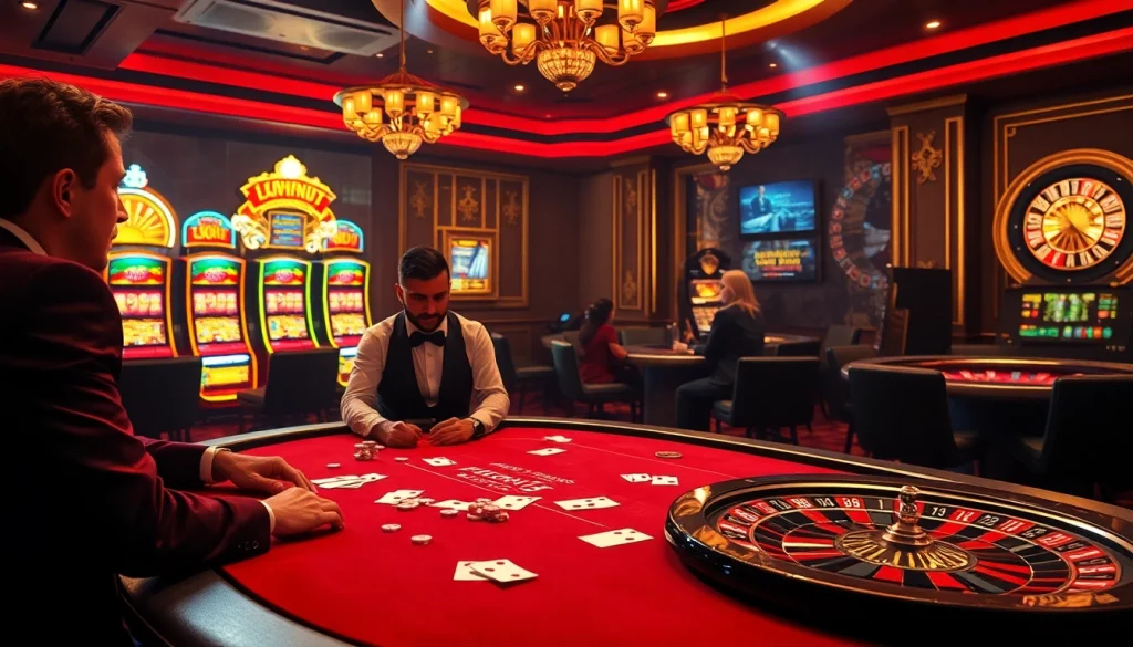 Experience the vibrant atmosphere at https://68vip.video/ with players at a luxurious poker table and eye-catching slot machines.