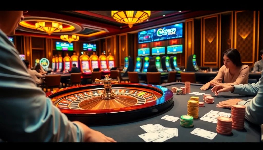 Players enjoying high-stakes action at xocdia88's luxurious casino table with vibrant roulette.