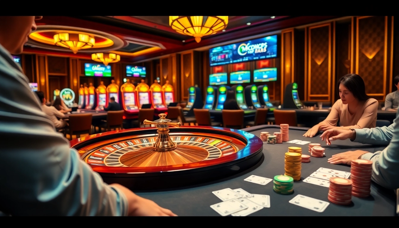 Players enjoying high-stakes action at xocdia88's luxurious casino table with vibrant roulette.