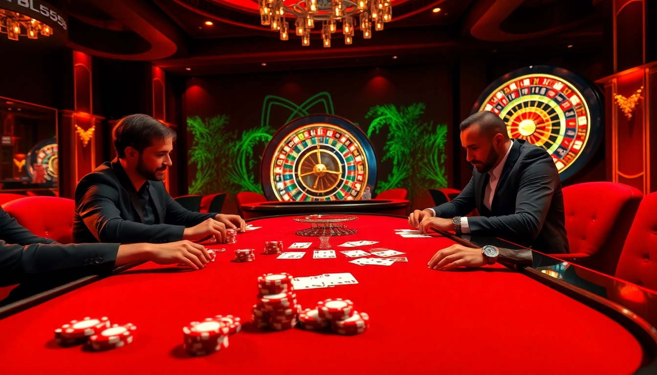 Experience thrilling gameplay at BL555 with a vibrant poker table scene highlighting excitement in online gambling.
