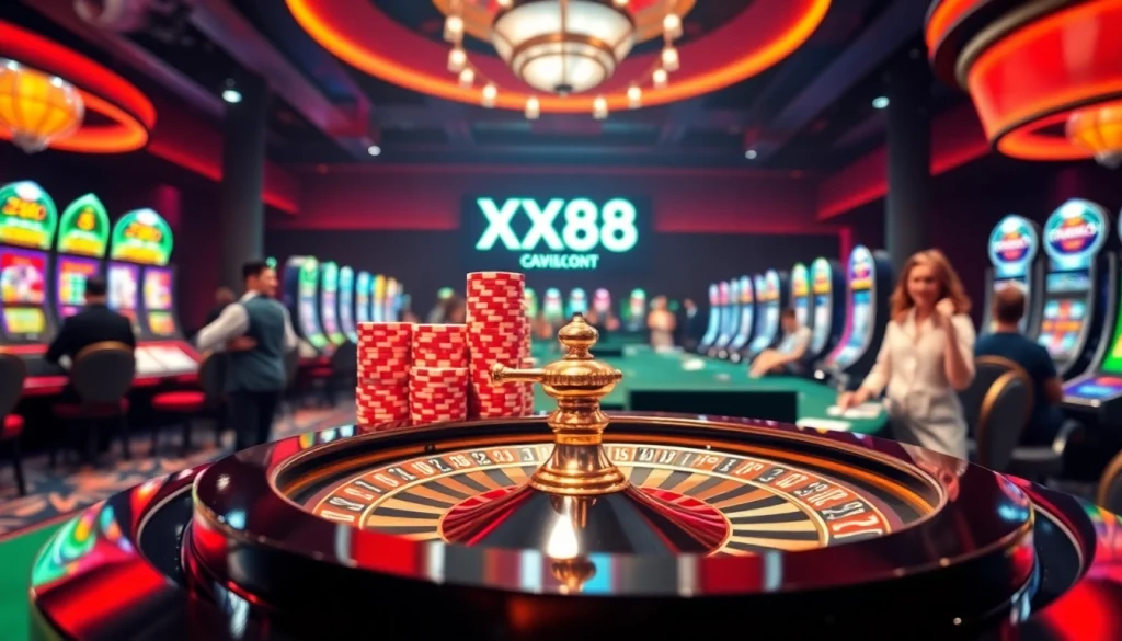 Experience the thrill of XX88 online gambling with vibrant casino visuals and exciting game elements.