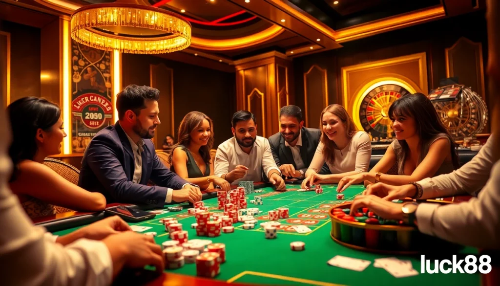 Experience the thrill of luck8 at a vibrant casino table with colorful poker chips and dice.