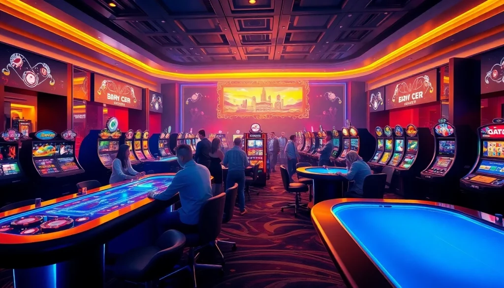 Exciting scene representing Nhà cái 69VN's vibrant online gaming environment with modern casino settings.