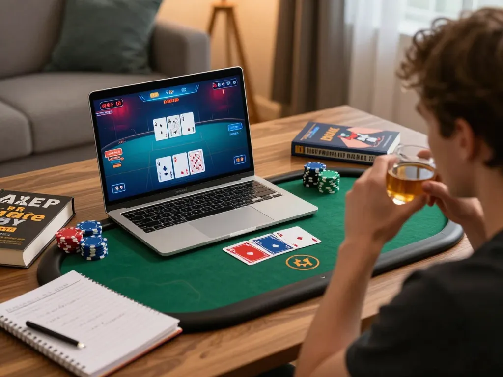 HDBET player engaged in online poker game with strategy notes, showcasing gambling focus and home comfort