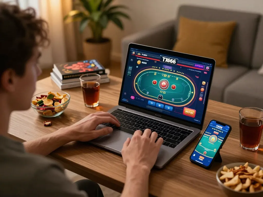 TX666 player engaging in dynamic online betting with vibrant game interface and snacks.