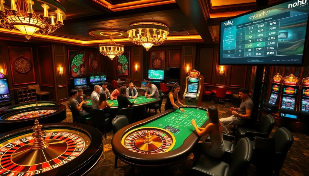 Nohu enhances excitement at a vibrant casino table surrounded by players enjoying the game.