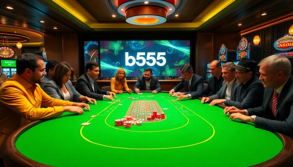 Exciting bl555 casino scene with players engaged in card games and vibrant chips.