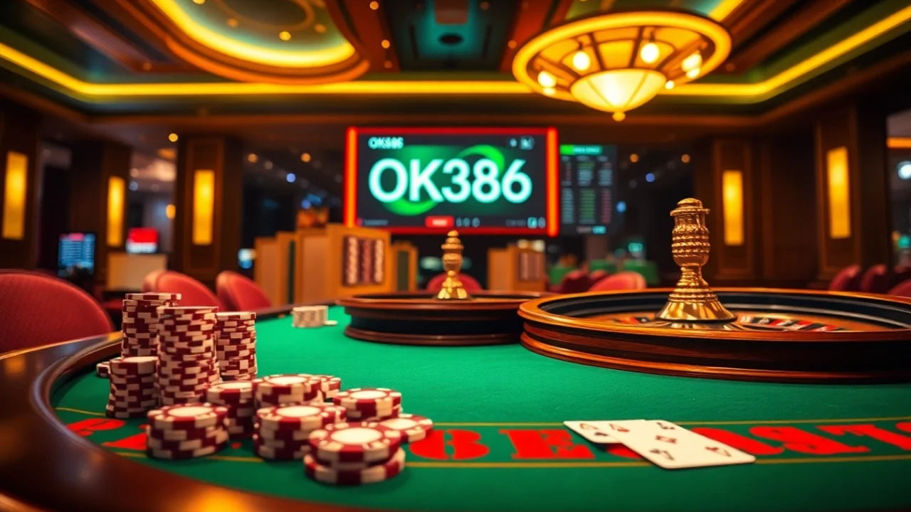 Engaging casino scene showcasing OK8386 poker chips and gambling action.