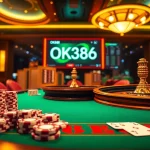 Engaging casino scene showcasing OK8386 poker chips and gambling action.
