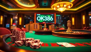 Engaging casino scene showcasing OK8386 poker chips and gambling action.