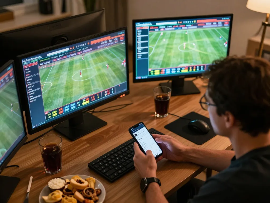 Person engaging in tỷ lệ kèo nhà cái through live sports betting setup at home with multiple screens.