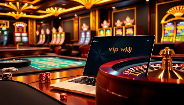 Experience the excitement of Vipwin online gambling with vibrant casino visuals and gaming action.