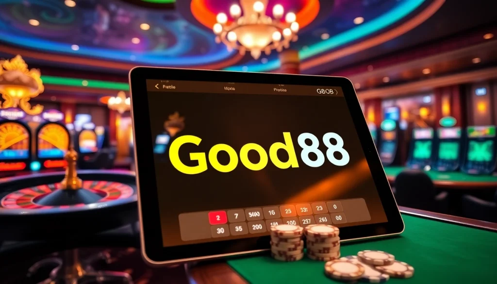 Engaging Good88 online casino experience with roulette wheels and vibrant slot machines.