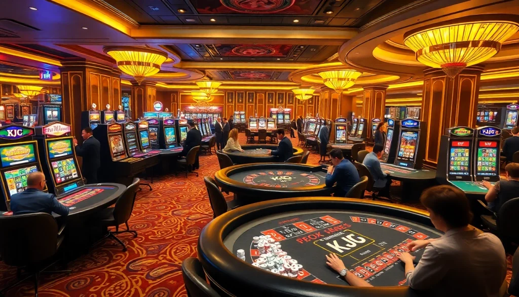 KJC casino scene showcasing a lively gaming floor filled with tables, slot machines, and excited players.