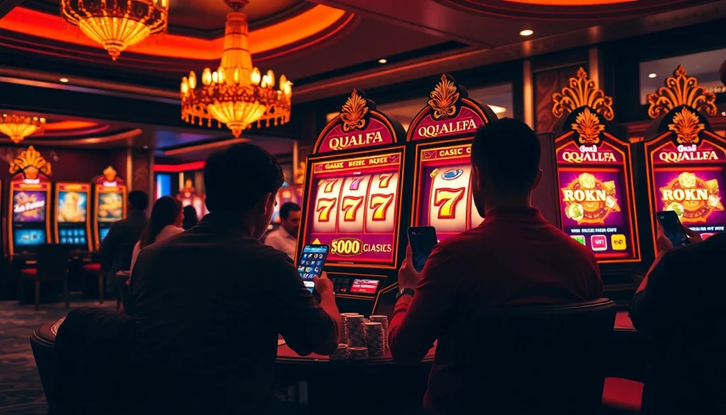 Players enjoying QQALFA online slot machines, vibrant colors, and excitement in a luxurious casino.