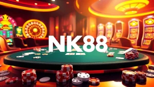 NK88 luxury casino scene featuring vibrant poker chips and a roulette wheel.