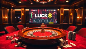 Engage in thrilling gambling action at LUCK8's vibrant casino with roulette, poker chips, and sleek betting interfaces.