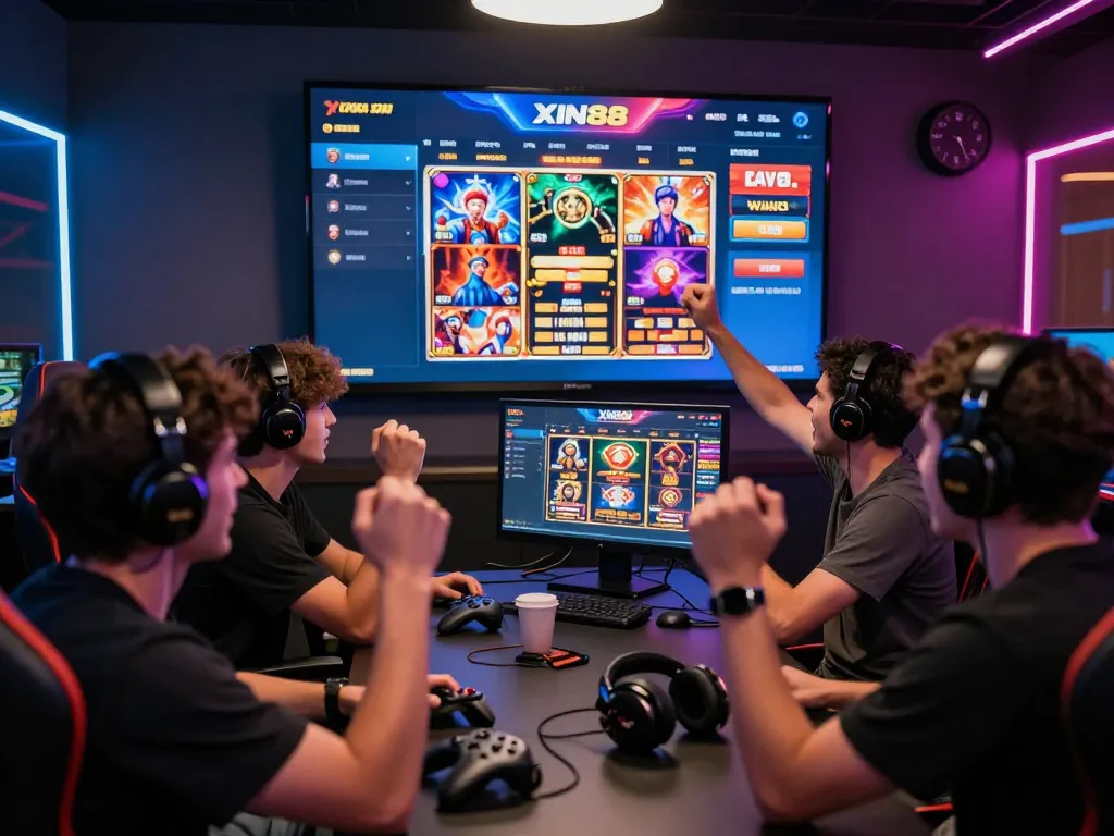 xın88 online gaming platform with players celebrating wins in a vibrant, energetic atmosphere.