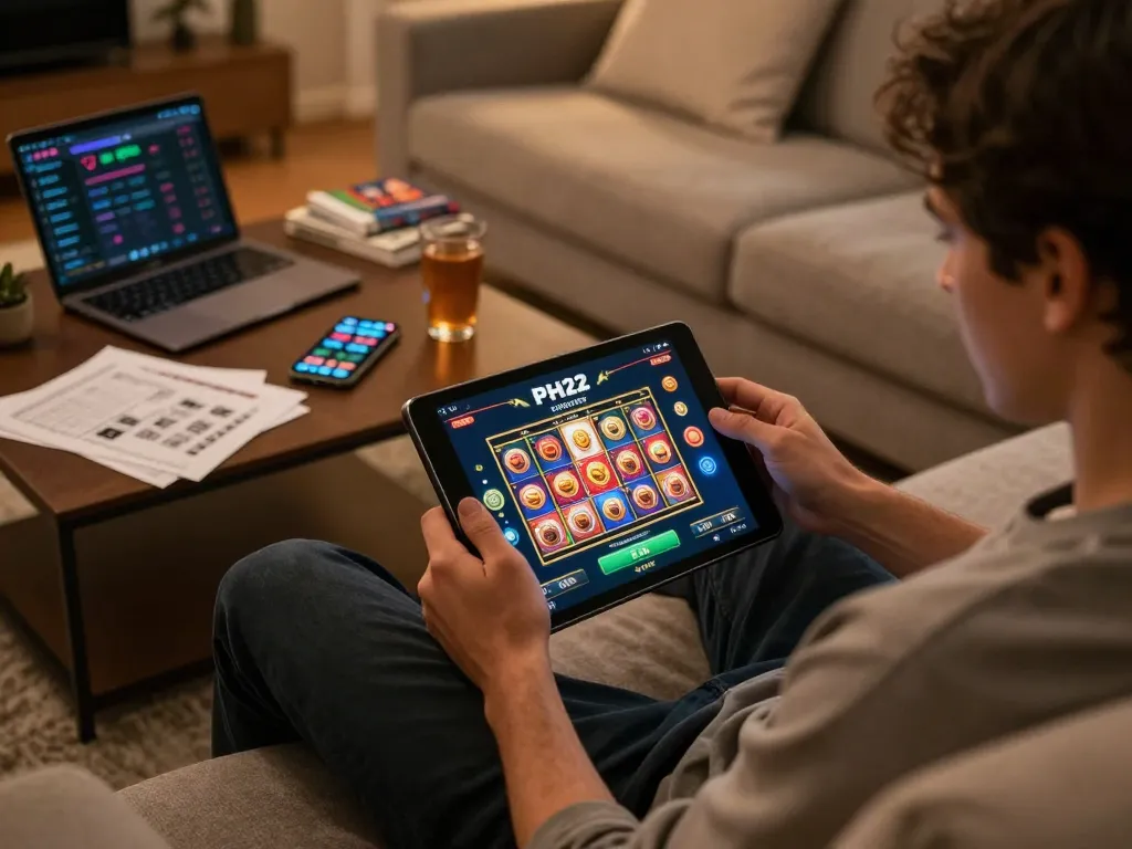 Engaging in online casino gaming on the PH22 app from a cozy home setup with a tablet.