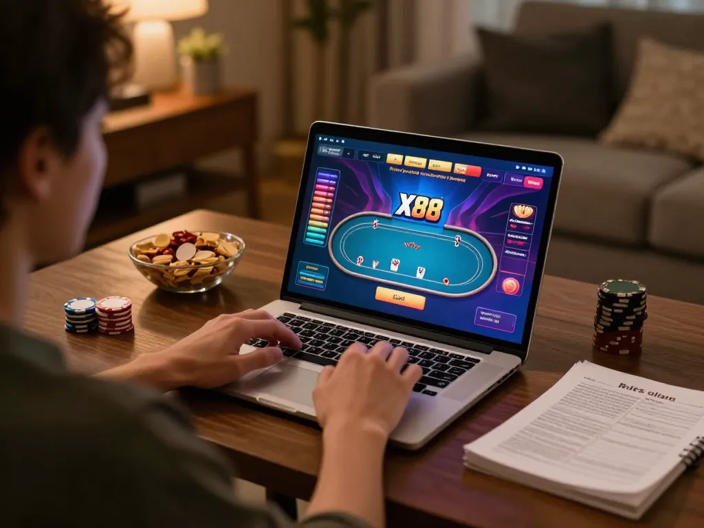 X88 players enjoying an online poker game with strategy notes and snacks in a cozy home setting
