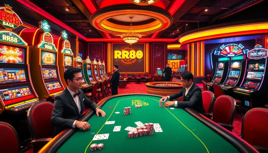 Players celebrating their wins at RR88's vibrant casino tables with poker chips and cards.