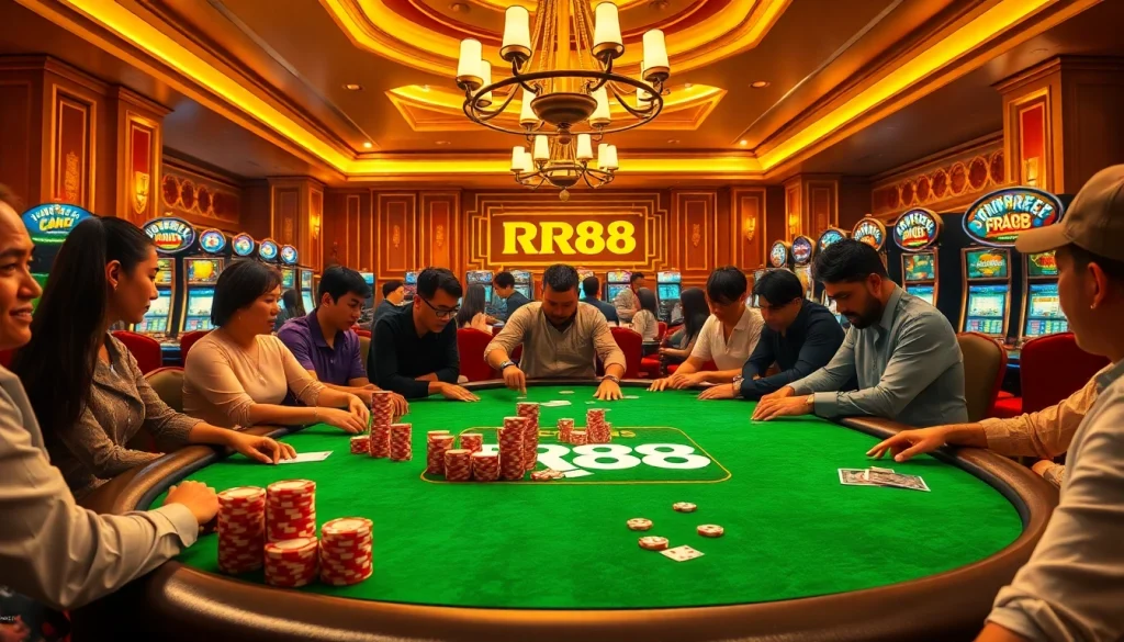 Players engaging in poker at a luxurious casino featuring RR88 branding.