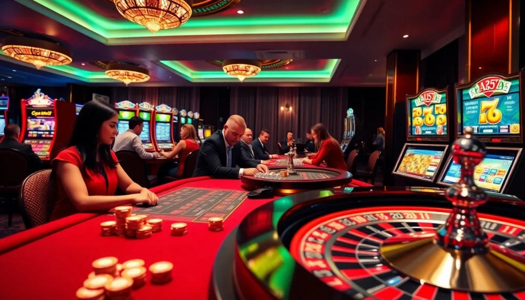 Players enjoying a vibrant casino experience at Okfun with poker chips and slot machines.