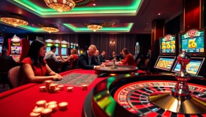 Players enjoying a vibrant casino experience at Okfun with poker chips and slot machines.