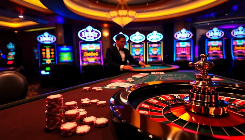 Experience the thrill of 188BET with a vibrant casino scene featuring poker and roulette tables.