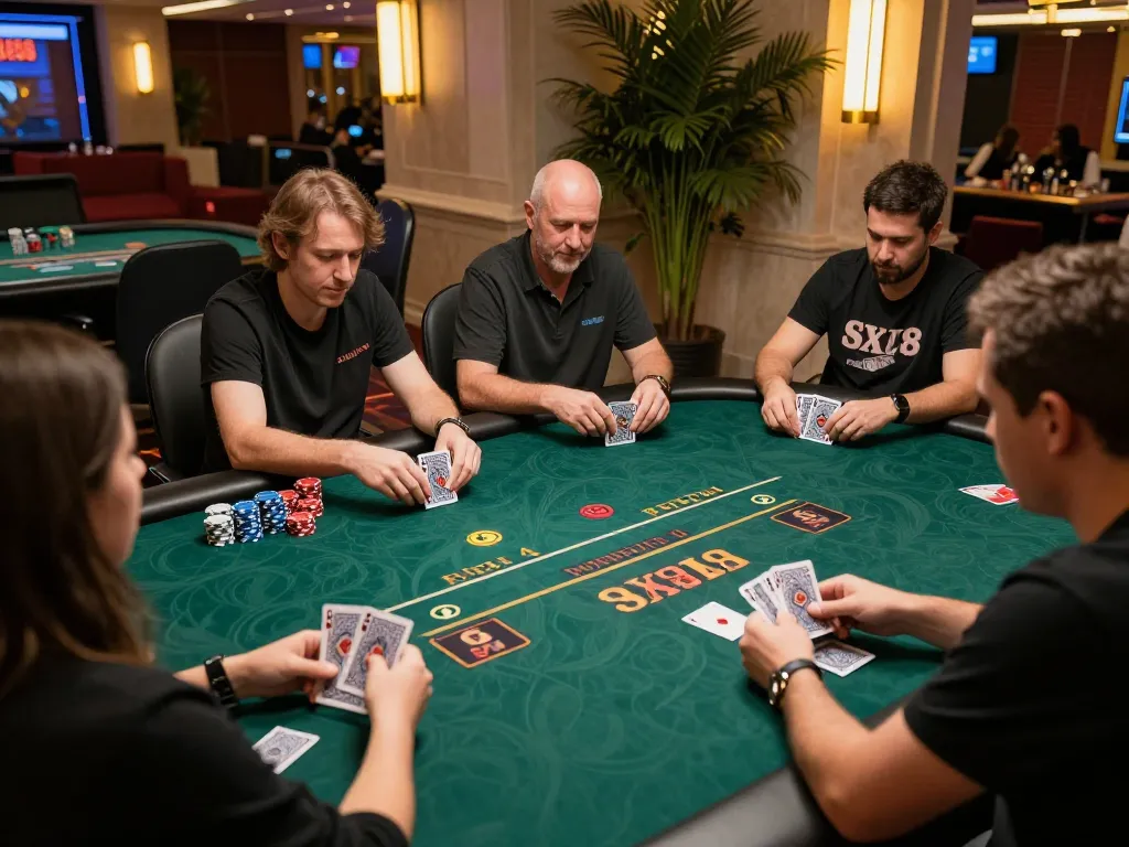 SX88 casino players strategizing at a live dealer poker game, showcasing action and excitement in a vibrant atmosphere