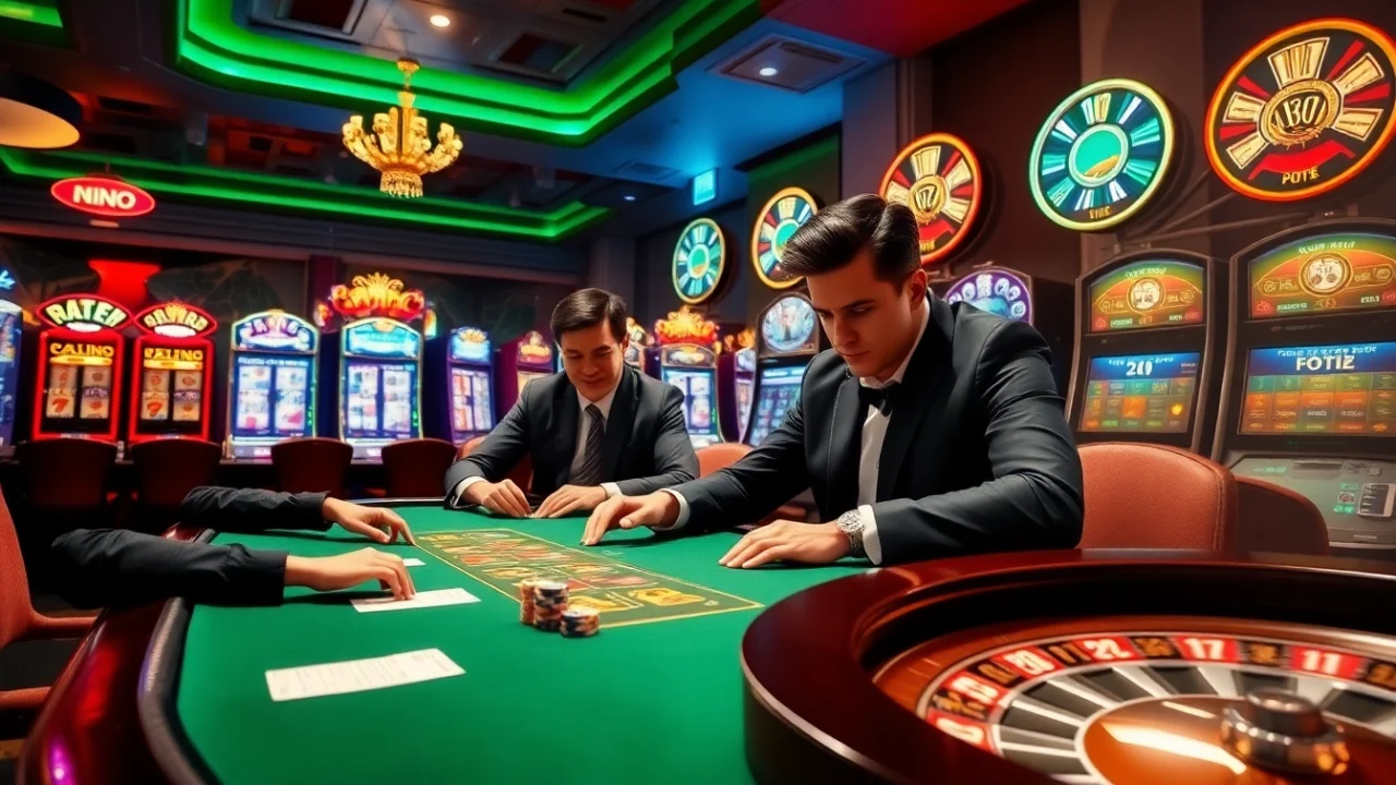 Players enjoying a tense poker game with bangsawan88 betting chips in a luxurious casino.