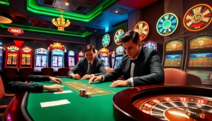 Players enjoying a tense poker game with bangsawan88 betting chips in a luxurious casino.
