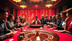 Engaging gambling scene highlighting 包网 concept with players at a luxurious casino table featuring cards and roulette.