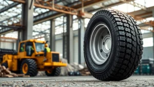 RR99 tire displayed at a construction site, showcasing durability and all-position functionality.