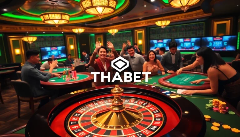 Exciting casino experience showcasing THABET logo with vibrant gambling tables and engaged players.