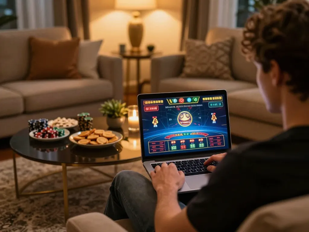 Players using laptop for tip88 online gaming in a cozy living room.
