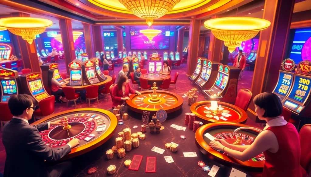 Engaging scene of online gambling at XN88 with players at casino tables, showcasing excitement and luxury.