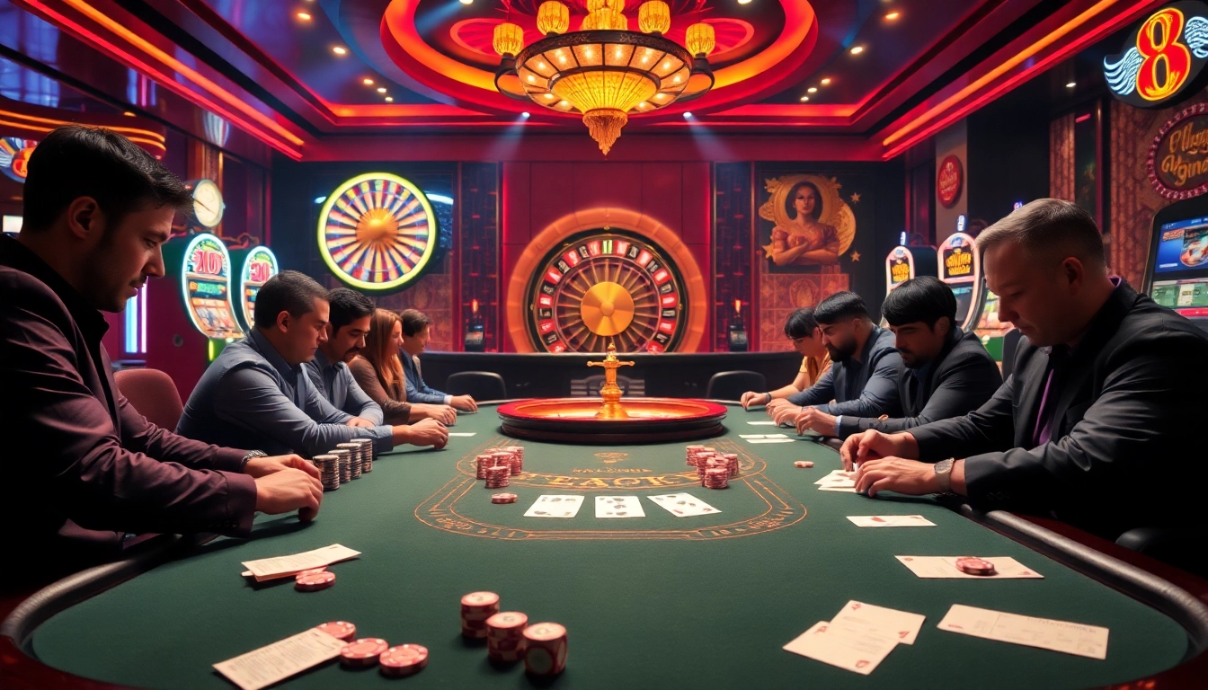 Experience the thrill of luck8 with vibrant casino elements, poker tables, and roulette wheels.