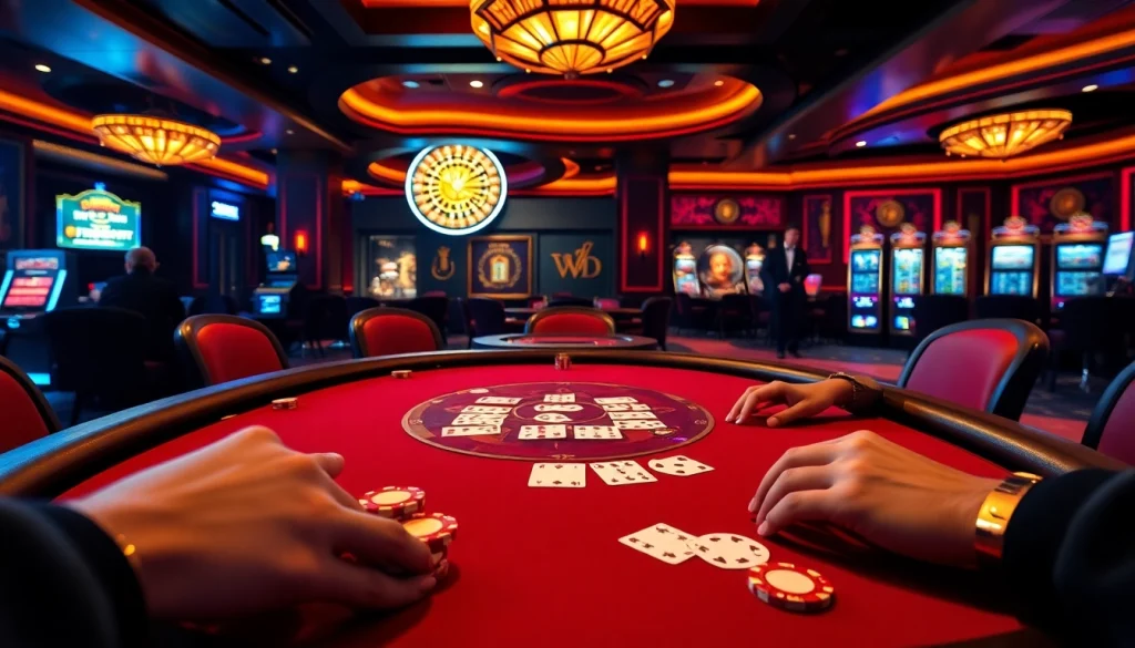 Gamblers strategizing at a poker table in a luxurious casino scene at https://debet.br.com/.